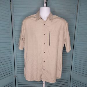 Split Button Up Collared Shirt ~ Sz M ~ Yellow & Beige ~ Short Sleeve